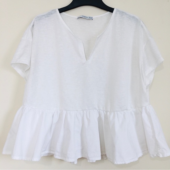 Mango Y2K Boho Oversize White Peplum Ruffle Hem Cropped Short Sleeve Preppy Top - Picture 1 of 16